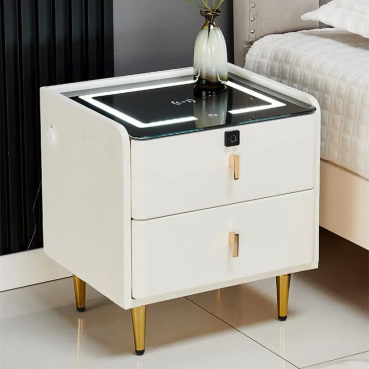 Leather Smart Bedside Table Modern Style Wood Nightstands With Wireless ...