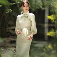 จีนดั้งเดิมชุดผู้หญิง3/4แขนฤดูหนาวสไตล์จีนด้าน Slit กลวง Cheongsam Qipao