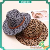 OKDEALS แฟชั่นผู้หญิง หมวก Fedora ปีกกว้าง หมวกปานามา ผ้าขนสัตว์ Fedora หมวกฤดูหนาว พร้อมหัวเข็มขัด