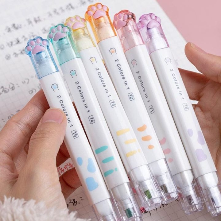 9qss-6pcs-อุ้งเท้าของแมว-ปากกาทำเครื่องหมายปลายสิ่ว-พลาสติกสำหรับตกแต่ง-ปากกาเน้นข้อความที่สวยงาม-ถือได้ง่าย-ออฟฟิศสำหรับทำงาน