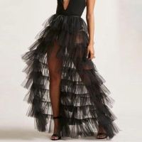 Sexy Black High Split Women Tulle Maxi Skirts To Birthday Party Puffy Long Tulle Skirts Train Elatsic Mesh Bubble Tulle Skirt