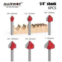 AURWOF 6pc 1/4 ก้าน 90 V ประเภท Slotting Cutter แกะสลักเครื่องมือเซาะร่องเครื่องมือเราเตอร์ชุดบิตความปลอดภัยเครื่องตัดมิลลิ่ง