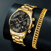 「Dark blue watch」 Luxury Mens GoldBusinessStainless SteelWatch Mainstreet Masculino