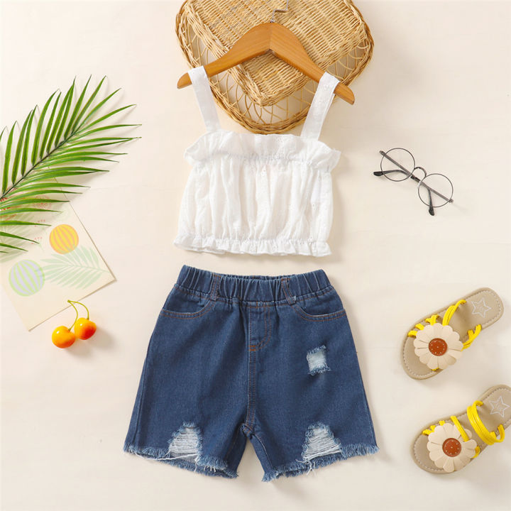 1-6 Years Kids Baby Girl 2PCS Clothes Set White Strap Top + Denim Pant  Summer Lovely Outfit