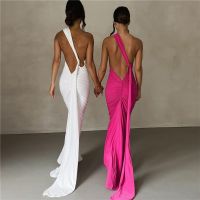 Backless Oblique Shoulder Maxi Dress for Women Back Ruched Strap Sleeveless Elegant Gown Long Dress Vestidos Party Clubwear