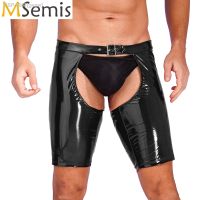 ☇กางเกงขาสั้น Gsgw De Couro Envernizado ชุดชั้นใน Masculina Calças Látex Sem Crotchless Fivela Fivela Ustável Molhado Com