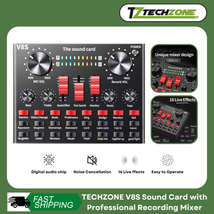TECHZONE V8S Sound Card with Bluetooth Professional Recording Mixer