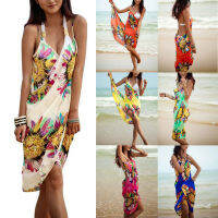 Printed Cover-ups y Beach Dress Women Halter Sling Chiffon Beach Towel Bikini Wrap Pareo Skirts Open-Back Swimwear 2021