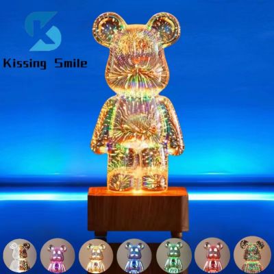 LED 3D Bear Firework Glass Lamp Cute Night Light Bedside Table Colorful Atmosphere Decorative Kid Gift Decoration Bedroom Decor