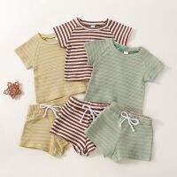 0-24M Toddler Girls Summer Outfit Sets Short Sleeve Round Neck T-shirt + Striped Drawstring Shorts  by Hs2023