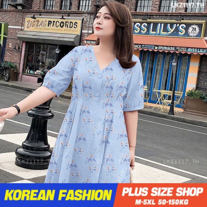 plus-size-เสื้อผ้าสาวอวบ-เดรสสาวอวบอ้วน-ไซส์ใหญ่-ผู้หญิง-ทรงหลวม-แขนสั้น-คอวี-ฤดูร้อน-สไตล์เกาหลีแฟชั่น