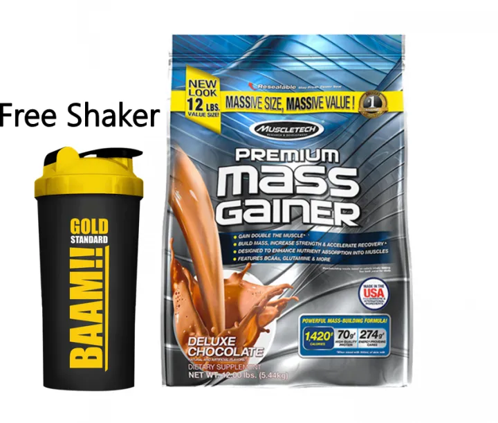 Muscletech Premium Mass Gainer 12 Lbs Free Shaker Deluxe Chocolate Bcaa Whey Protein Build 3779