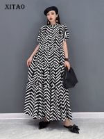 XITAO Dress Casual Women Fashion Short Sleeve Loose Fitting Striped Dress