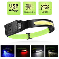 USB Rechargeable Headlamp New COB LED Head Light Sensor Headlight Built in Battery blue yellow light reflective tape Camping