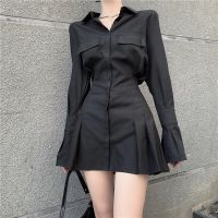 【HOT】☾ HOUZHOU Shirt Sleeve Dresses Gothic Pleated Streetwear Turn-down Collar Robe