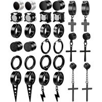 2 Pcs/30 Pcs Magnetic Black Clip On Earrings Men Women Hoop Dangle Helix Earrings Stainless Steel Non Piercing Set