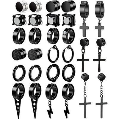 2 Pcs/30 Pcs Magnetic Black Clip On Earrings Men Women Hoop Dangle Helix Earrings Stainless Steel Non Piercing Set