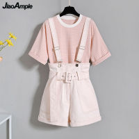 2021 Summer Korean Fashion Striped T-shirt Overalls Set for Women Leisure Joker Girls Student High Waist Shorts Clothing Sets