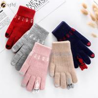 VFBF Winter Women Men Elastic Cartoon Cats Soft Thicken Warm Full Finger Knitted Gloves Touch Screen Mittens