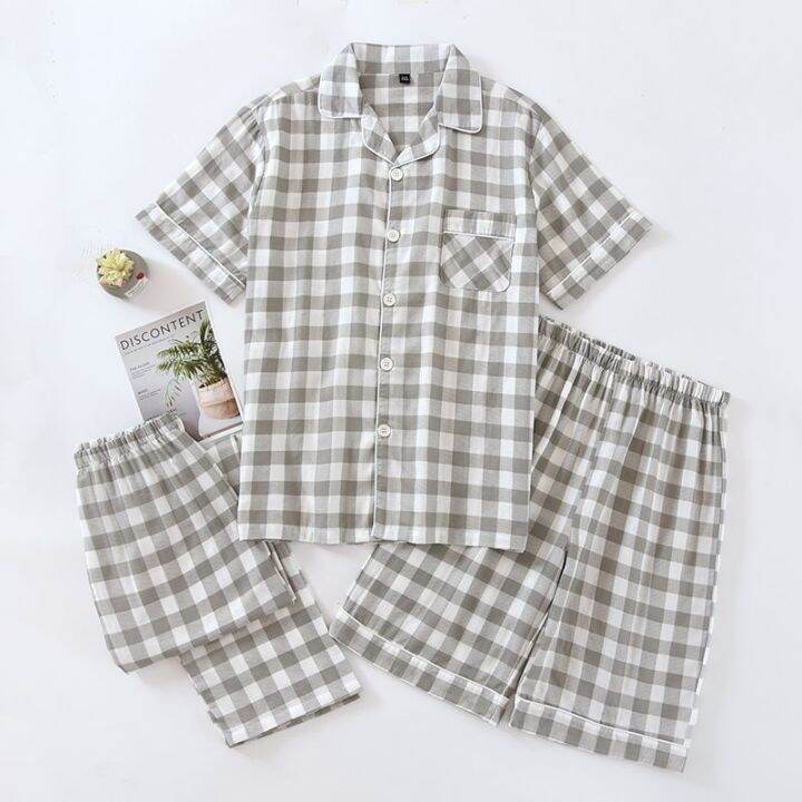 muji-three-piece-plaid-pajamas-mens-summer-thin-cotton-gauze-short-sleeved-trousers-shorts-cardigan-loose-home-clothes