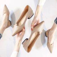 [COD] shoes womens chunky heel all-match pointed toe new low-heeled flat soft leather comfortable work