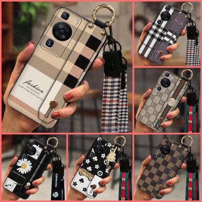 Shockproof Wristband Phone Case For Huawei P60/P60 Pro TPU Fashion Design cartoon Phone Holder Anti-dust Plaid texture