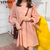 ☌✚❡ Vonda ชุดเดรสสั้น แขน 3/4 ส่วน สีพื้น สําหรับสตรี