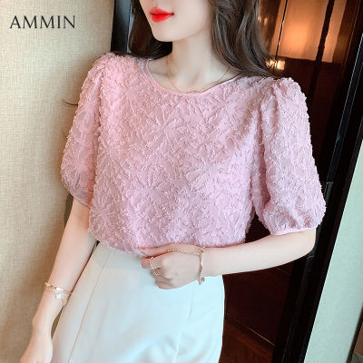 AMMIN 2022 Summer New Short Sleeve Puff Sleeve Design Sweet Small Shirt Lace Shirt Korean Style Round Neck Embossed Lace Shirt For Women