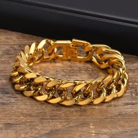 Men Gold Color Cuban Chain Bracelet, 15mm Wide Waterproof Stainless Steel Link Wristband Gift Jewelry, 19cm /21.5cm