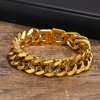 Men Gold Color Cuban Chain Bracelet, 15mm Wide Waterproof Stainless Steel Link Wristband Gift Jewelry, 19cm /21.5cm