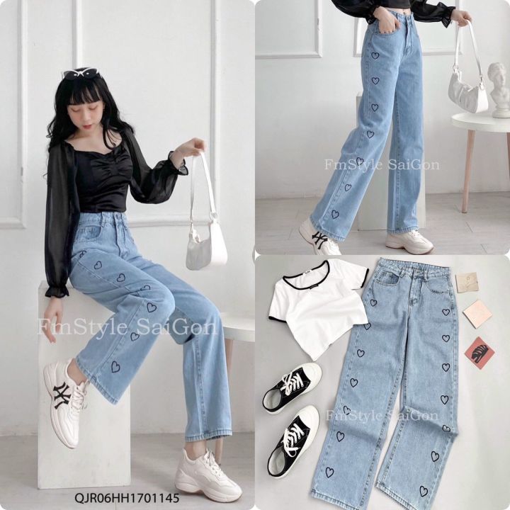 freeship đơn hàng từ 49K ] QUẦN JEANS SUÔNG THÊU TIM CẠP CAO - RÒM93  BOUTIQUE 