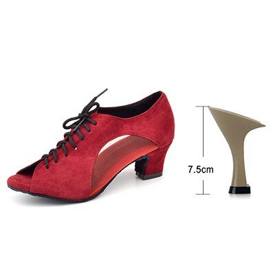 รองเท้าเต้นซัลซ่าผู้หญิงผ้าสักหลาดลายตาข่าย2-ladingwu-ส้นด้านล่างที่อ่อนนุ่มเต้นรองเท้าลีลาศสีแดง5-6-7cm