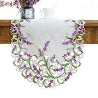 Home Decorative Beige Color Handmade Satin Cutwork Embroidered TV Stand Cabinet Cover Creative Lavender Lilac Oval Table Runner