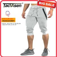 TACVASEN Cotton Running Shorts Mens Sports 3/4 Capri Pants Below Knee Length Joggers Workout Gym Fitness Zipper Pocket Shorts