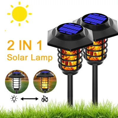 2 IN 1 LED Solar Flame Torch Lamp Outdoor Solar Garden Light FlameWhite Light Waterproof Lamp Courtyard Path Lawn Spotlight