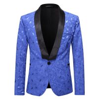 ZZOOI Blue Floral Jacquard Blazer Men Single Button Shawl Collar Blazer Jacket Mens Busienss Formal Dress Blazer Party Wedding Tuxedo