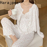 Harajpee Pajama Set Cherry Print Sweet Style Suspender Cardigan Sleepwear Women Spring  New Mori Girl Style Three Piece Set