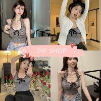 DD SHOPพร้อมส่ง 33031 เสื้อคล้องคอไหมพรม ลายตารางเล็กๆ ดีเทลปลายหยักๆเก๋ๆ