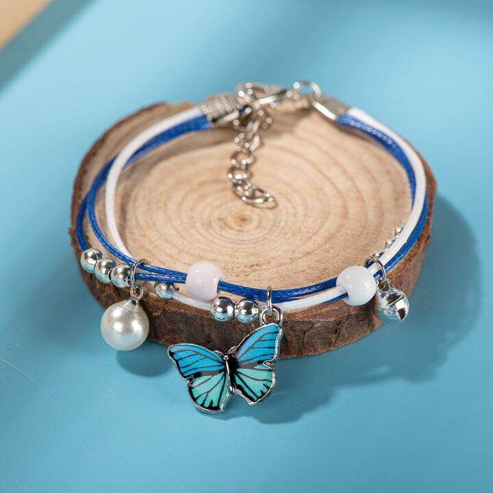 multicolor-cartoon-blue-butterfly-alloy-accessories-porcelain-beads-handmade-bracelet-jewelry-wholesale-mz104