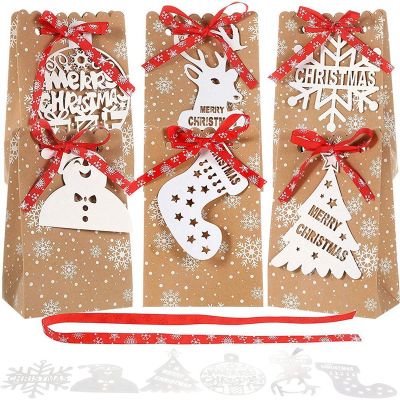 24 Pieces Christmas Present Bags Assortment Kraft Paper Favor Bags with Holiday Present Tags for Christmas (6 Styles)