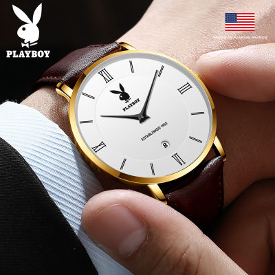 Playboy นาฬิกาข้อมือไอคอนแฟชั่นสำหรับผู้ชาย,แบรนด์อเมริกันสายหนังแท้กันน้ำนำเข้าหน้าปัดเรียบง่ายสไตล์ยุโรปและอเมริกา