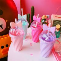 Cute Lovely Coffee Mugs BPA Free Plastic Water Bottle Rosette Straw Travel Portable Tea Milk Cup Kawaii Girly Drinkware 400ML