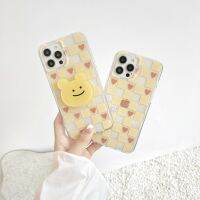 ♈◕ Yellow Grid Heart Shap Little Bear Stents Phone Case For iPhone 11 12 Pro Max X XR XS MAX 7 8 Plus Protect Soft Back Cover Funda