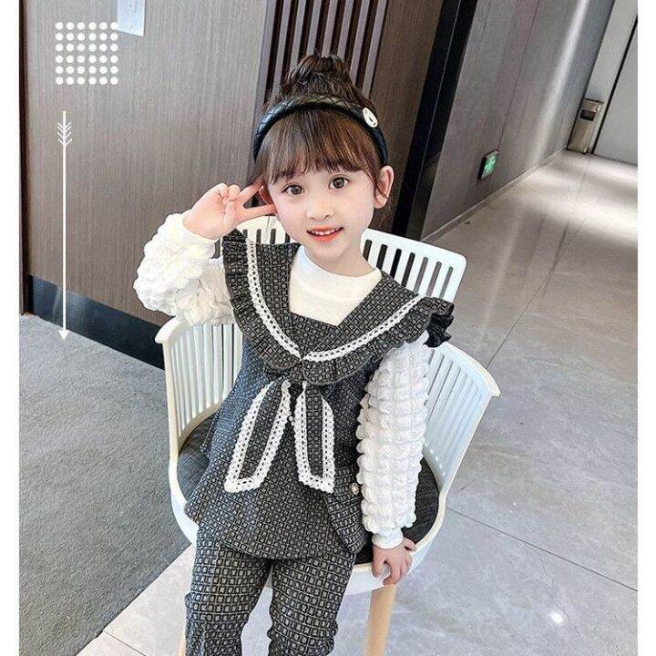 new-female-baby-girl-suits-autumn-lace-bowknot-is-han-edition-children-fashionable-western-style-jacket-lattice-three-piece-suit