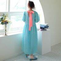 ZZOOI SHENGPALAE 2020 New Summer Women Vintage Loose High Waist Slim Was Thin Elegant Plaid Bow Puff Sleeve Maxi Dress ZA4898