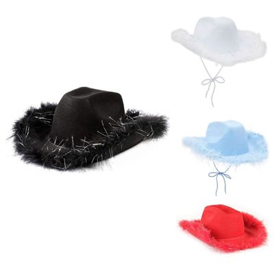 Shinning Sequins Decor Fedora Hat สําหรับผู้หญิงผู้ชาย Breathable Cowboy Cap with Feather Curve Brim Western Jazz Felt Cap B85D₪