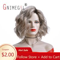 GNIMEGIL Short Synthetic Curly Wavy Wigs for Women Heat Resistant Fiber Outre Melted Hairline Ombre Grey Wig Cosplay Party