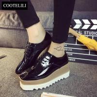 COOTELILI 35-39ฤดูใบไม้ผลิสบายๆแบนรองเท้าผู้หญิงสิทธิบัตรหนัง Lace-Up Loafers แบนแพลตฟอร์มสไตล์อังกฤษสุภาพสตรี Oxfords