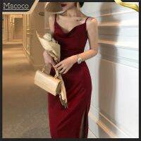 New listing French r acetic acid imitation silk satin red sling dress 2022 temperament elegant waist long dress