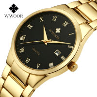 WWOOR Luxury Gold Black Mens Watches Stainless Steel Classic Sports Watch For Man Business Quartz Hand Clock Relogio Masculino